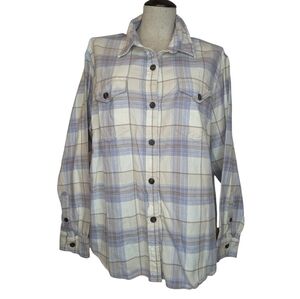 Tilley Organic Cotton Plaid Button-Up Shirt XXL Blue Beige Cream Outdoor